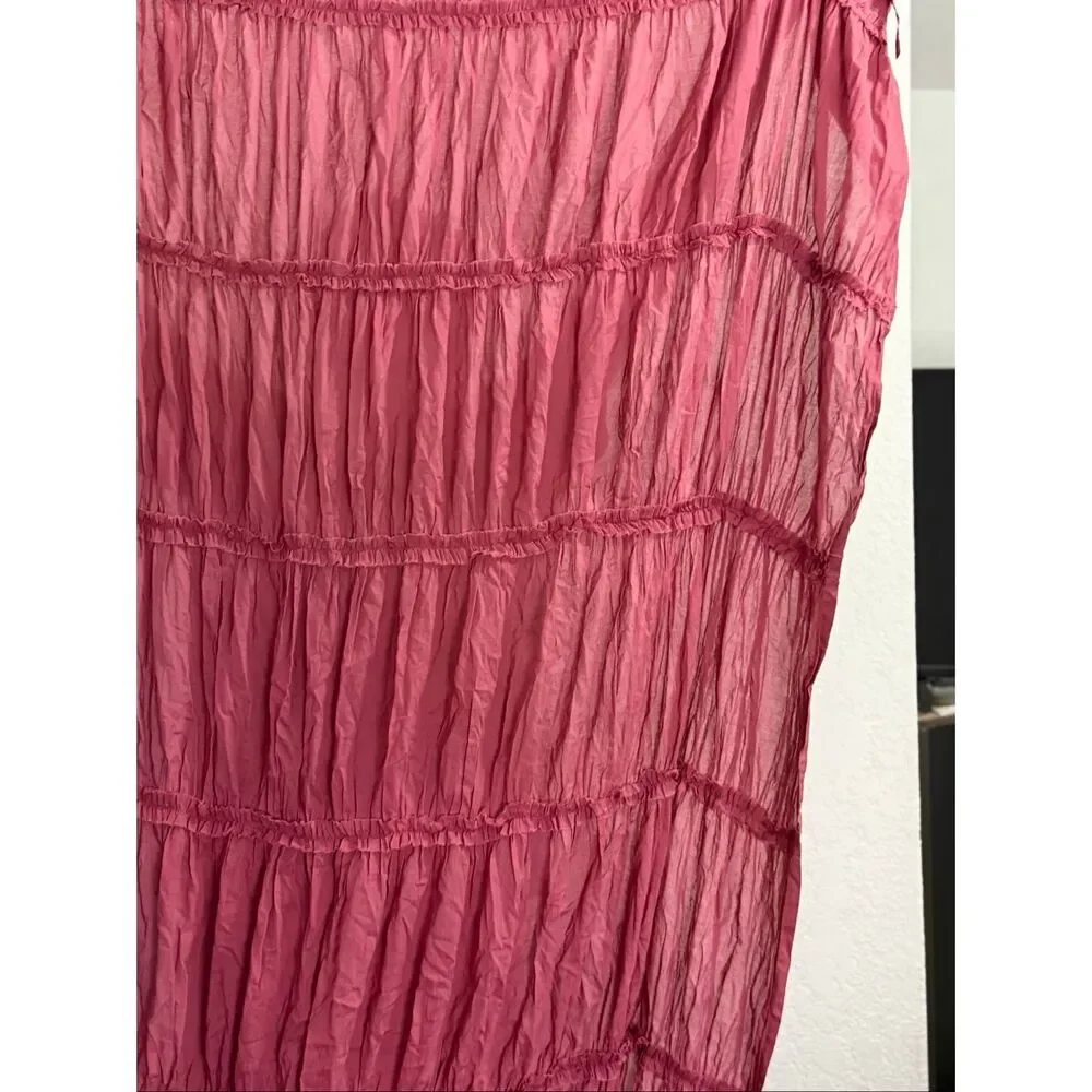 Anthropologie raspberry pink Tiered Ruffle tie curtain panel